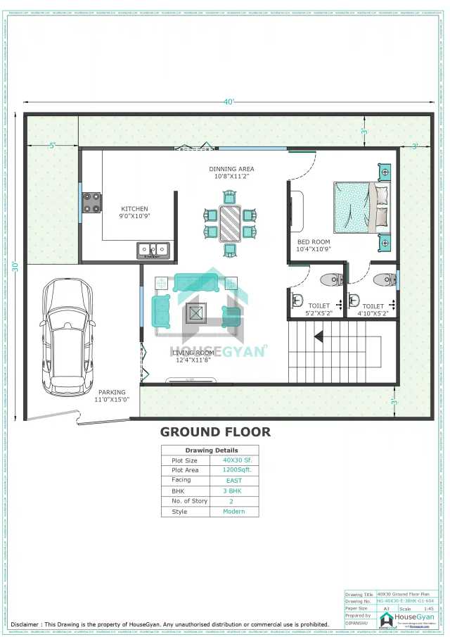 40X30 East Facing 3BHK First Floor House Plan | 1200 Sqft Plot Floor Plan 40X30 East Facing 3BHK First Floor House Plan