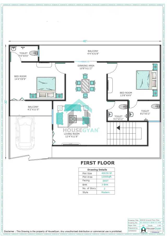 40X30 East Facing 3BHK First Floor House Plan | 1200 Sqft Plot Floor Plan 40X30 East Facing 3BHK First Floor House Plan | 1200 Sqft Plot Floor Plan