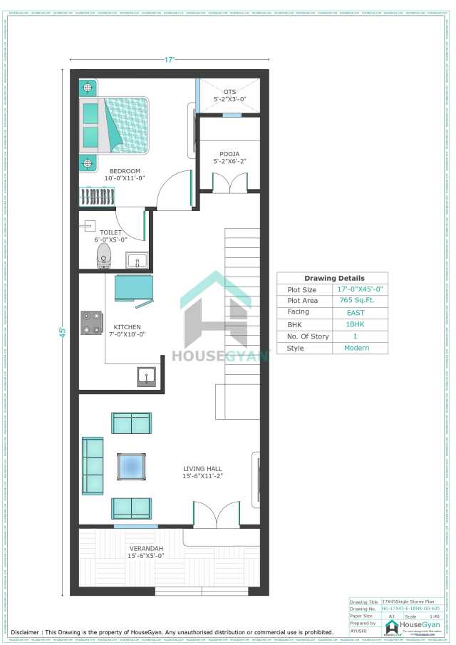 17X45 East Facing 1BHK Ground Floor House Plan | 765 Sqft Plot Floor Plan 17X45 East Facing 1BHK Ground Floor House Plan | 765 Sqft Plot Floor Plan