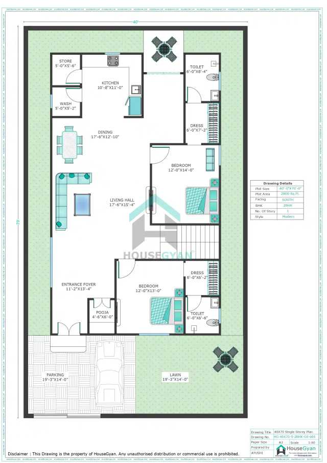 40X70 South Facing 2BHK Ground Floor House Plan | 2800 Sqft Plot Floor Plan 40X70 South Facing 2BHK Ground Floor House Plan | 2800 Sqft Plot Floor Plan