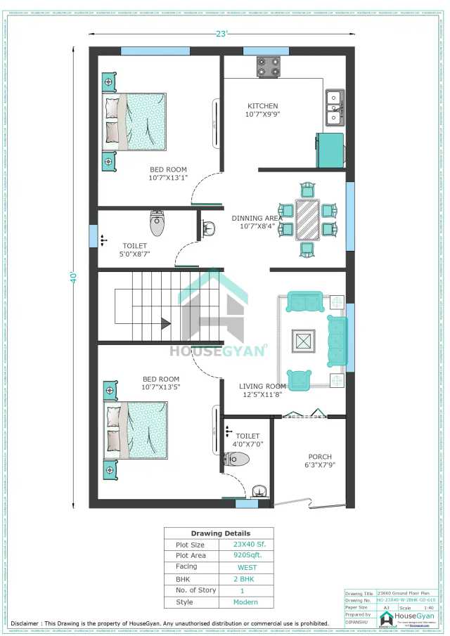 23X40 West Facing 2BHK Ground Floor House Plan | 920 Sqft Plot Floor Plan 23X40 West Facing 2BHK Ground Floor House Plan