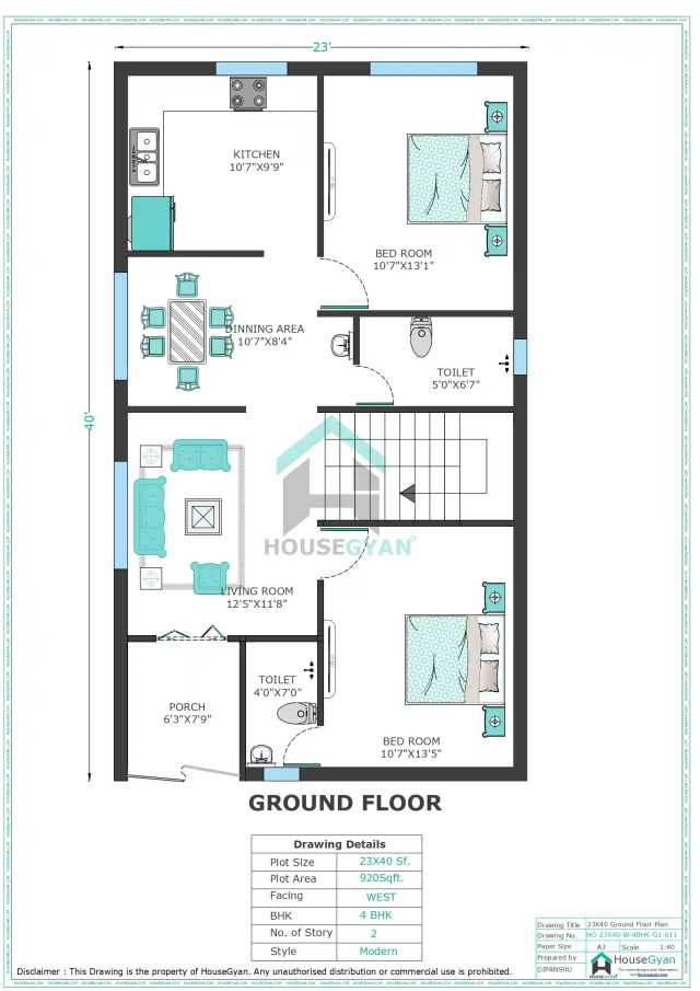 23X40 West Facing 4BHK First Floor House Plan | 920 Sqft Plot Floor Plan 23X40 West Facing 4BHK First Floor House Plan