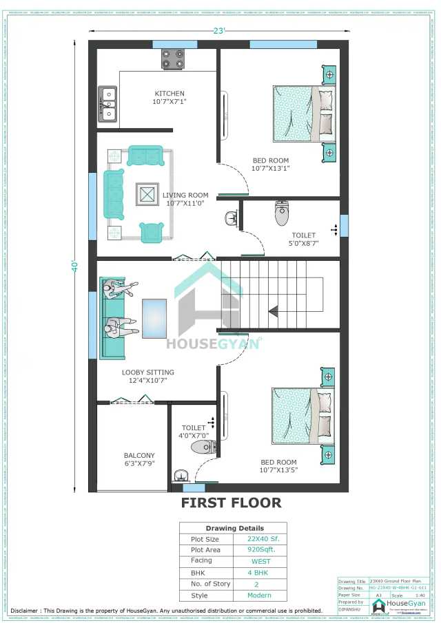 23X40 West Facing 4BHK First Floor House Plan | 920 Sqft Plot Floor Plan 23X40 West Facing 4BHK First Floor House Plan | 920 Sqft Plot Floor Plan