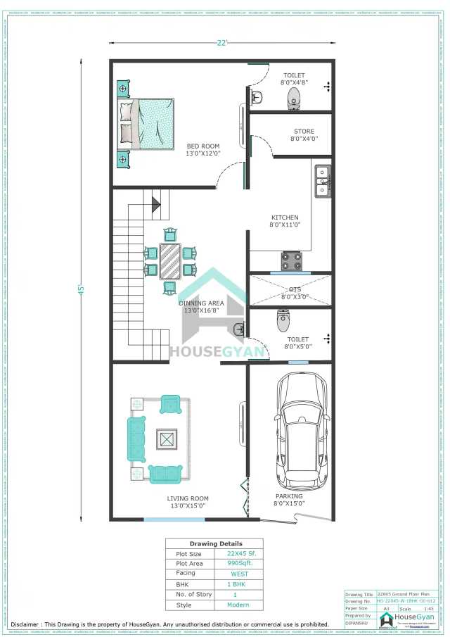 22X45 West Facing 1BHK Ground Floor House Plan | 990 Sqft Plot Floor Plan 22X45 West Facing 1BHK Ground Floor House Plan | 990 Sqft Plot Floor Plan