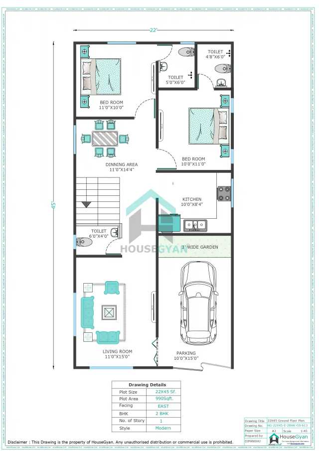 22X45 East Facing 2BHK Ground Floor House Plan | 990 Sqft Plot Floor Plan 22X45 East Facing 2BHK Ground Floor House Plan | 990 Sqft Plot Floor Plan