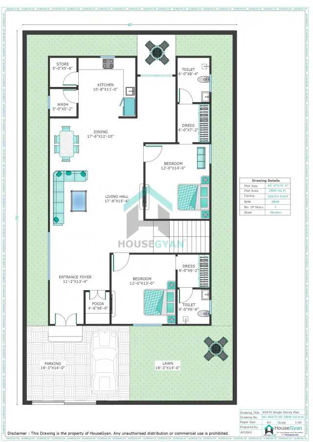 40X70 South East Facing 2BHK Ground Floor House Plan | 2800 Sqft Plot Floor Plan 40X70 South East Facing 2BHK Ground Floor House Plan