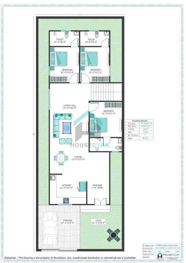 30X80 West Facing 3BHK Ground Floor House Plan | 2400 Sqft Plot Floor Plan 30X80 West Facing 3BHK Ground Floor House Plan | 2400 Sqft Plot Floor Plan