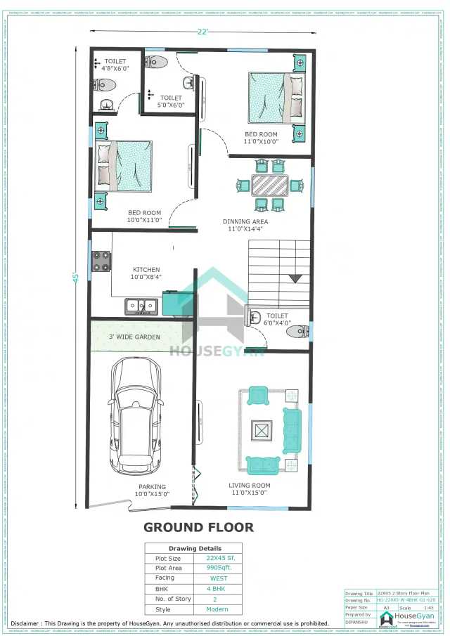 22X45 West Facing 4BHK First Floor House Plan | 990 Sqft Plot Floor Plan 22X45 West Facing 4BHK First Floor House Plan