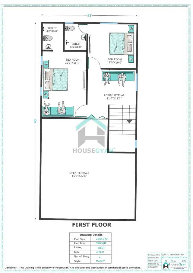 22X45 West Facing 4BHK First Floor House Plan | 990 Sqft Plot Floor Plan 22X45 West Facing 4BHK First Floor House Plan | 990 Sqft Plot Floor Plan