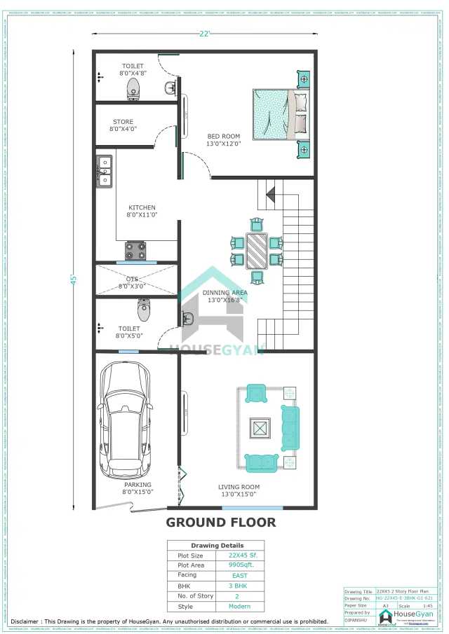 22X45 East Facing 3BHK First Floor House Plan | 990 Sqft Plot Floor Plan 22X45 East Facing 3BHK First Floor House Plan