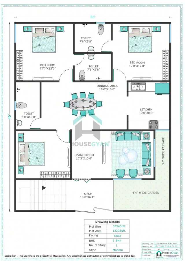 33X40 East Facing 3BHK Ground Floor House Plan | 1320 Sqft Plot Floor Plan 33X40 East Facing 3BHK Ground Floor House Plan