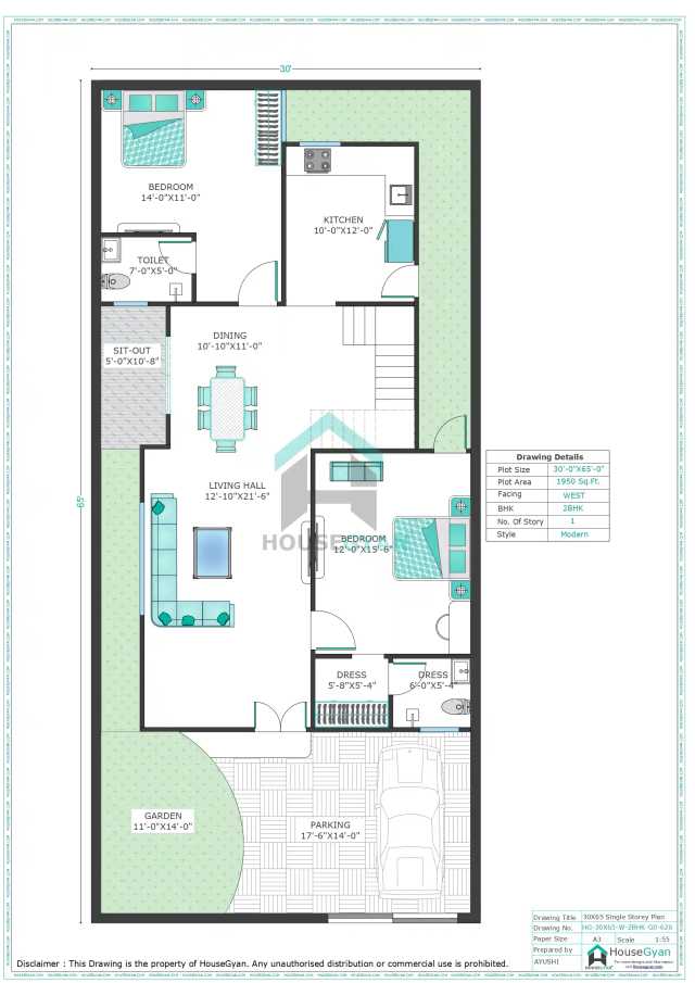 30X65 West Facing 2BHK Ground Floor House Plan | 1950 Sqft Plot Floor Plan 30X65 West Facing 2BHK Ground Floor House Plan | 1950 Sqft Plot Floor Plan