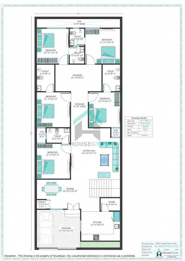 30X80 North Facing 5BHK Ground Floor House Plan | 2400 Sqft Plot Floor Plan 30X80 North Facing 5BHK Ground Floor House Plan