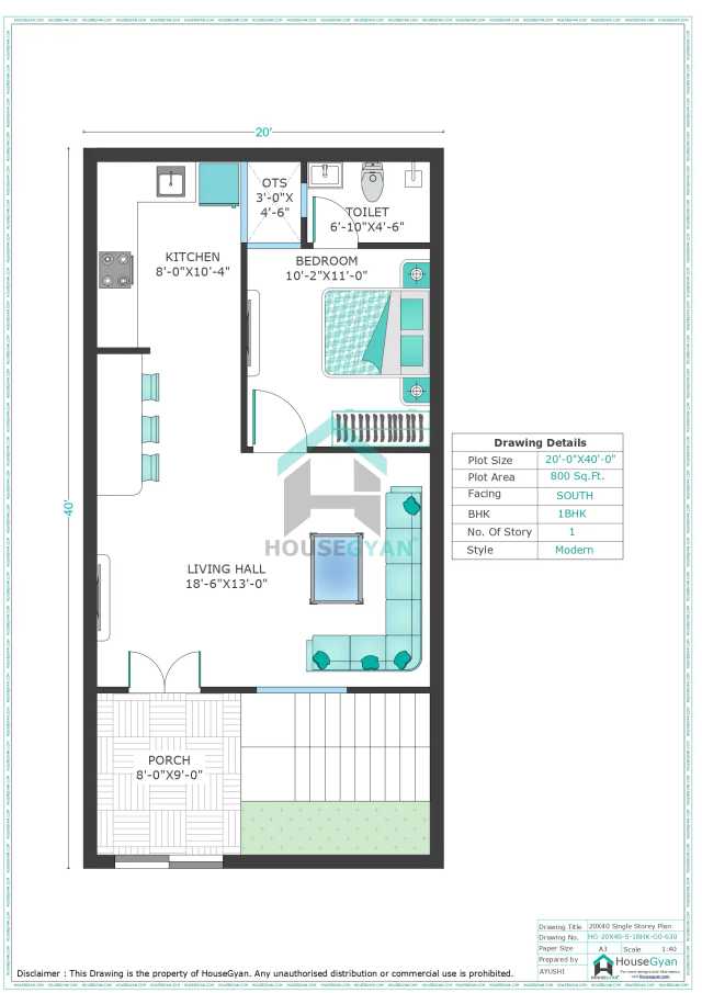 20X40 South Facing 1BHK Ground Floor House Plan | 800 Sqft Plot Floor Plan 20X40 South Facing 1BHK Ground Floor House Plan