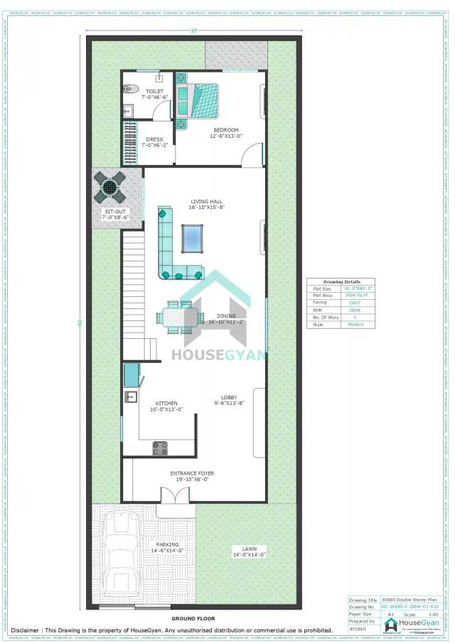 30X80 East Facing 2BHK First Floor House Plan | 2400 Sqft Plot Floor Plan 30X80 East Facing 2BHK First Floor House Plan