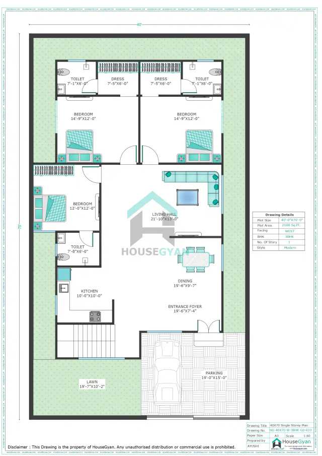 40X70 West Facing 3BHK Ground Floor House Plan | 2800 Sqft Plot Floor Plan 40X70 West Facing 3BHK Ground Floor House Plan | 2800 Sqft Plot Floor Plan