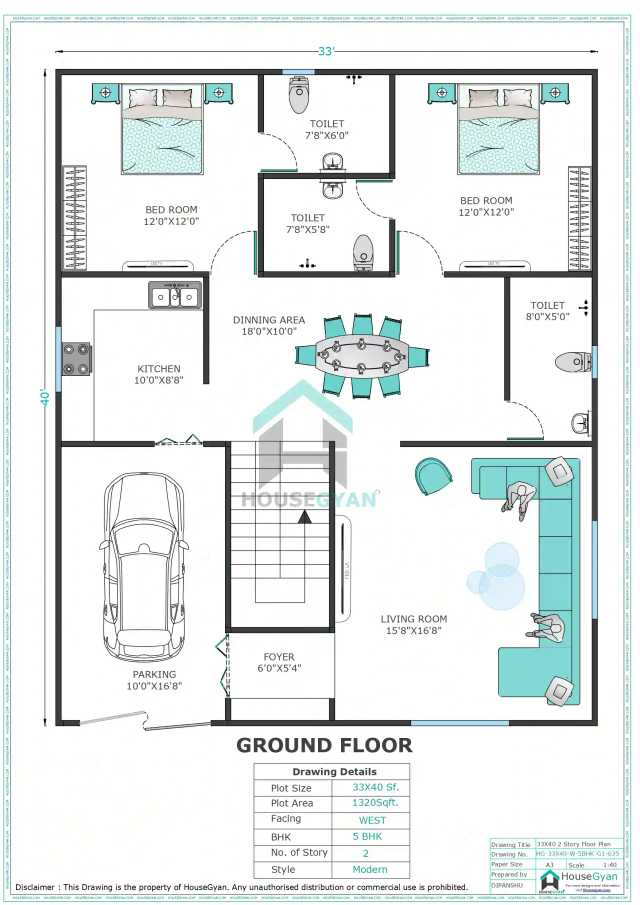 33X40 West Facing 5BHK First Floor House Plan | 1320 Sqft Plot Floor Plan 33X40 West Facing 5BHK First Floor House Plan