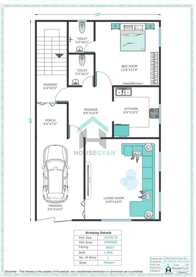 25X40 West Facing 1BHK Ground Floor House Plan | 1000 Sqft Plot Floor Plan 25X40 West Facing 1BHK Ground Floor House Plan | 1000 Sqft Plot Floor Plan