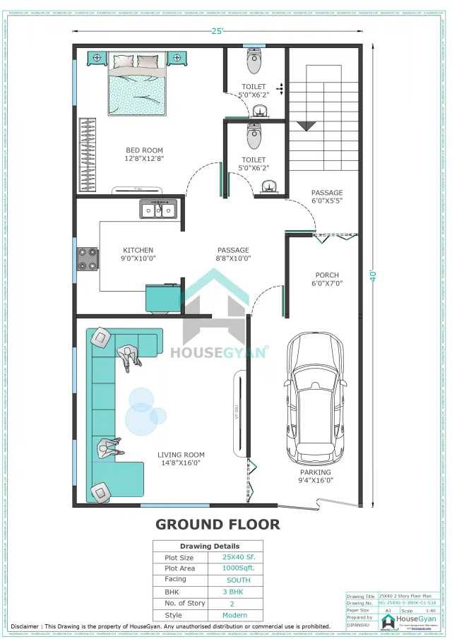 25X40 South Facing 3BHK First Floor House Plan | 1000 Sqft Plot Floor Plan 25X40 South Facing 3BHK First Floor House Plan | 1000 Sqft Plot Floor Plan
