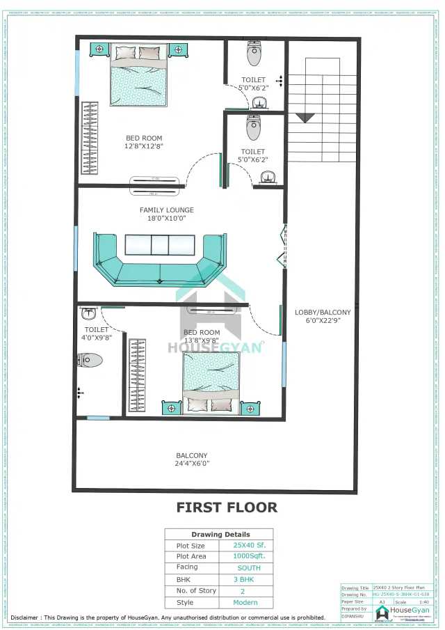 25X40 South Facing 3BHK First Floor House Plan | 1000 Sqft Plot Floor Plan 25X40 South Facing 3BHK First Floor House Plan | 1000 Sqft Plot Floor Plan