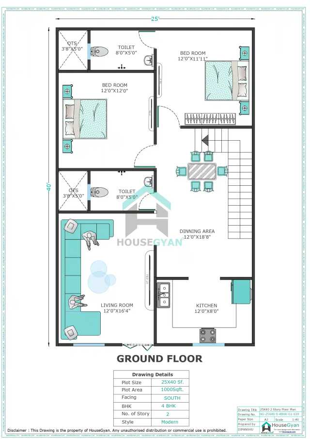 25X40 South Facing 4BHK First Floor House Plan | 1000 Sqft Plot Floor Plan 25X40 South Facing 4BHK First Floor House Plan