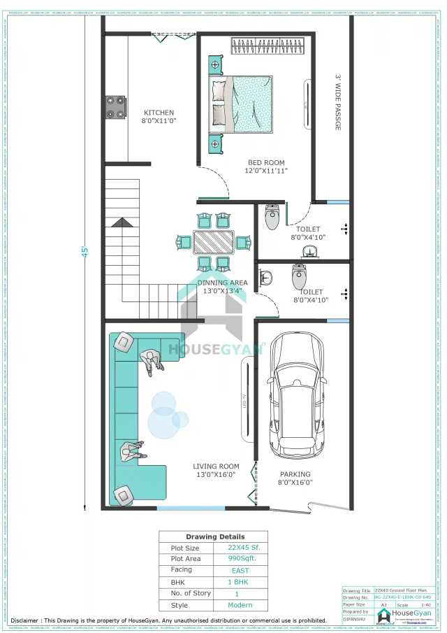 22X40 East Facing 1BHK Ground Floor House Plan | 880 Sqft Plot Floor Plan 22X40 East Facing 1BHK Ground Floor House Plan | 880 Sqft Plot Floor Plan