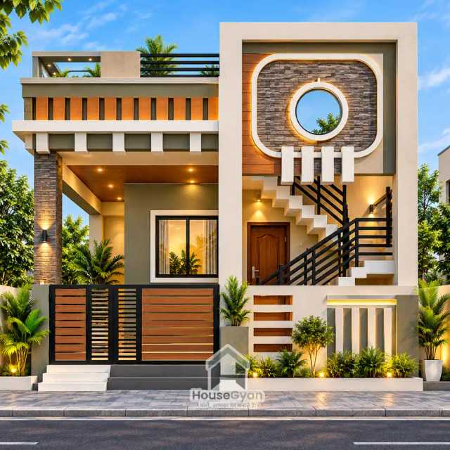 Modern Ground Floor House Elevation Design with Circular Window Modern Ground Floor House Elevation Design with Circular Window
