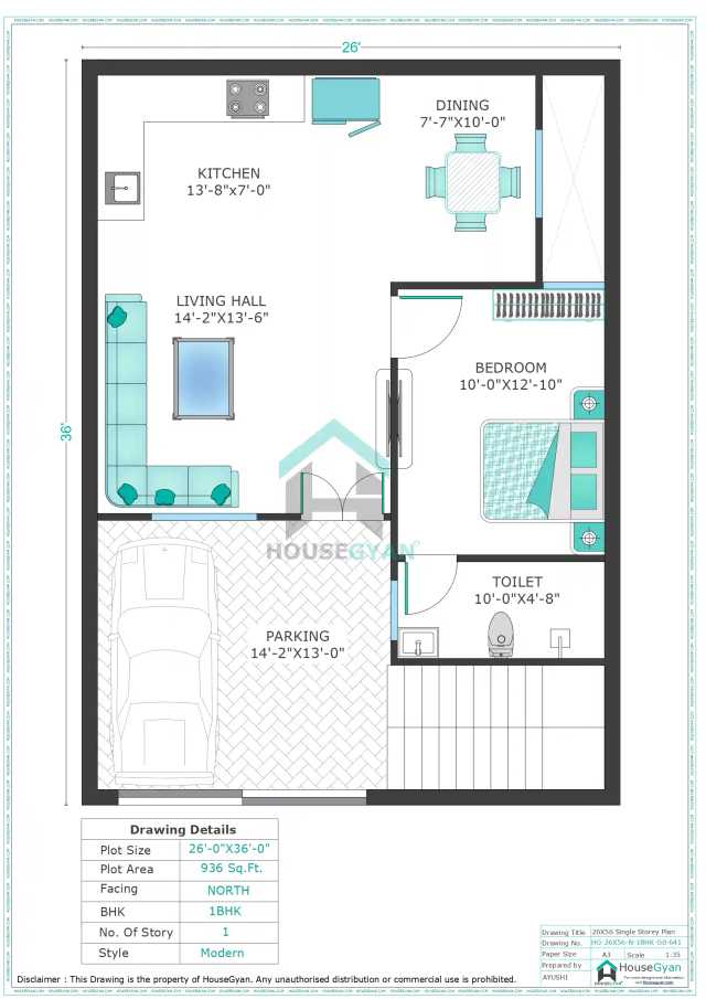 26X36 North Facing 1BHK Ground Floor House Plan | 936 Sqft Plot Floor Plan 26X36 North Facing 1BHK Ground Floor House Plan | 936 Sqft Plot Floor Plan