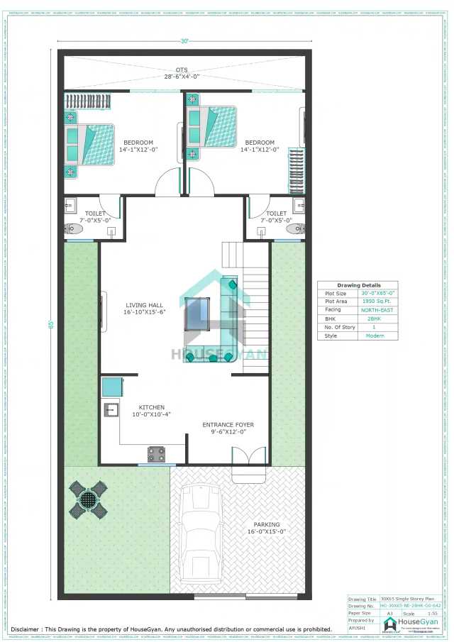 30X65 North East Facing 2BHK Ground Floor House Plan | 1950 Sqft Plot Floor Plan 30X65 North East Facing 2BHK Ground Floor House Plan