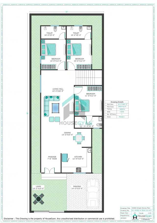 30X80 North Facing 3BHK Ground Floor House Plan | 2400 Sqft Plot Floor Plan 30X80 North Facing 3BHK Ground Floor House Plan