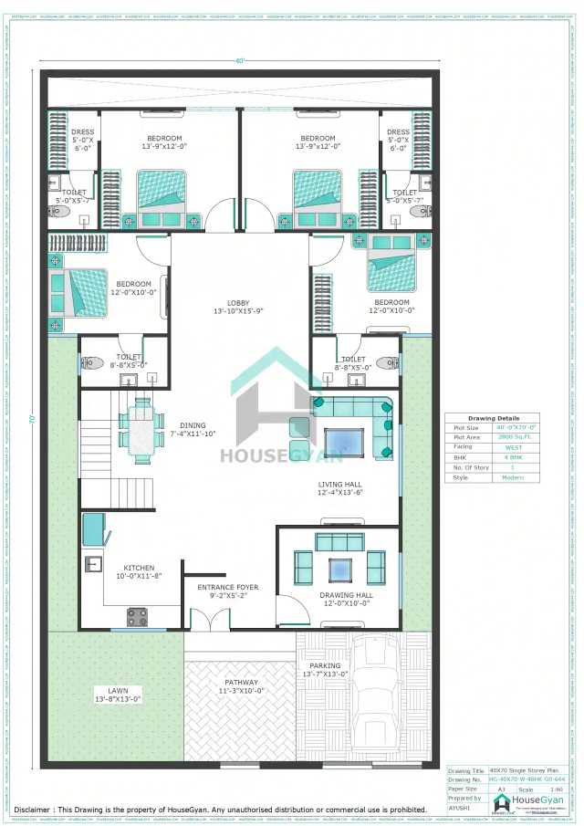 40X70 West Facing 4BHK Ground Floor House Plan | 2800 Sqft Plot Floor Plan 40X70 West Facing 4BHK Ground Floor House Plan