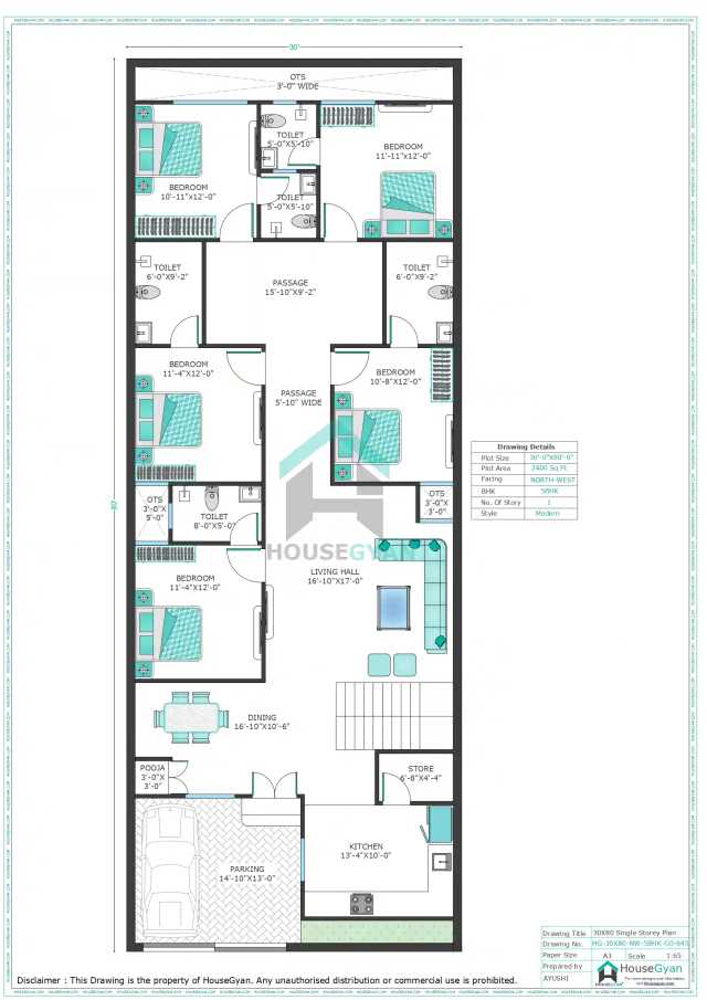 30X80 North West Facing 5BHK Ground Floor House Plan | 2400 Sqft Plot Floor Plan 30X80 North West Facing 5BHK Ground Floor House Plan