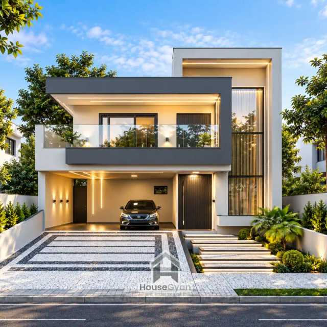 Modern 2 Floor House Elevation Design with Glass Balcony and LED Lighting Modern 2 Floor House Elevation Design with Glass Balcony and LED Lighting